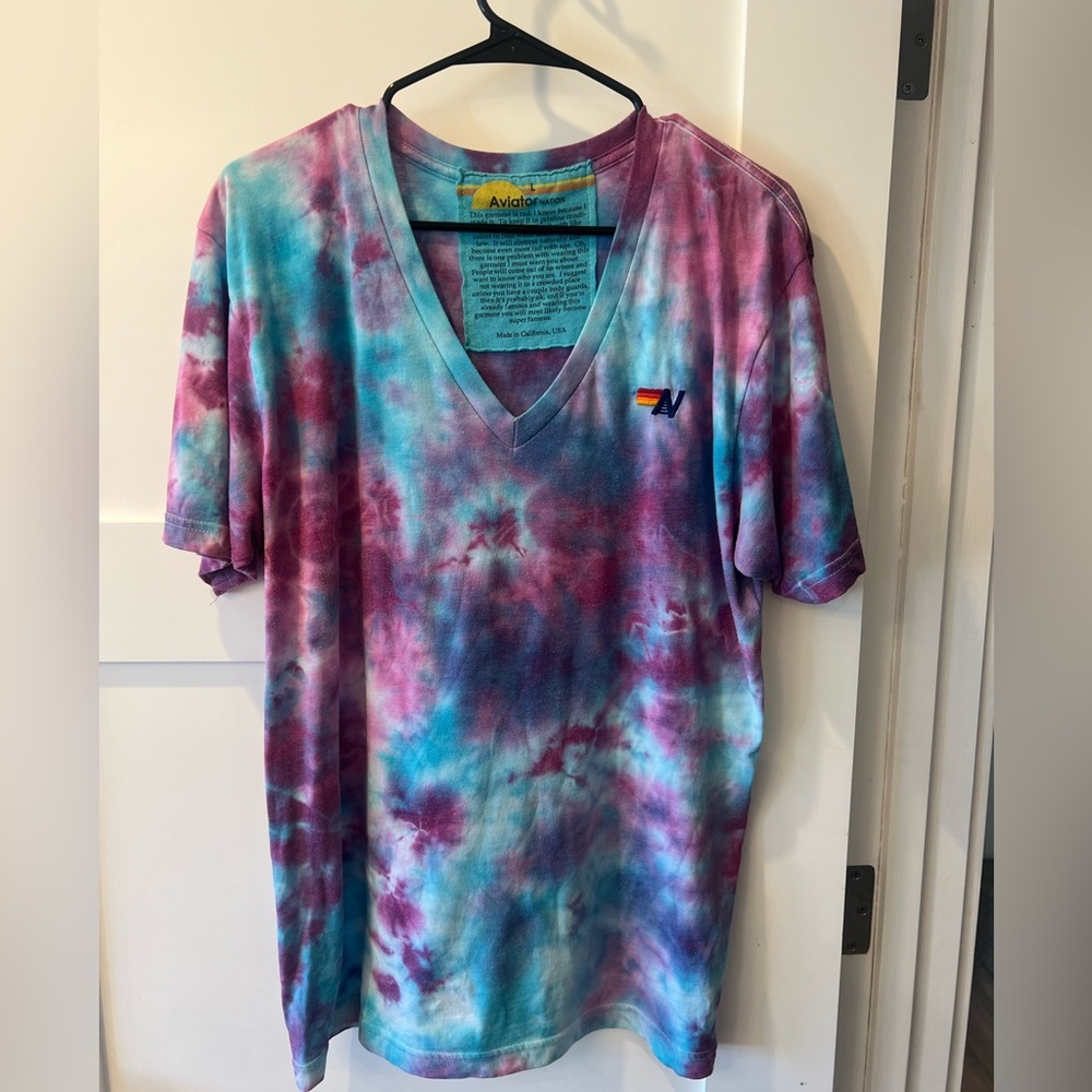 Aviator Nation Tie-Dye V-Neck Tee in Turquoise & Purple & Pink